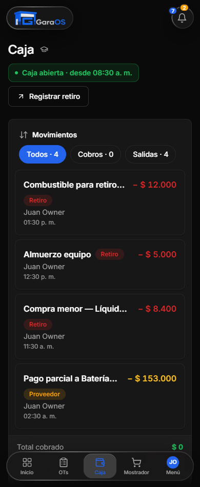 Caja del día de GaraOS en el celular: apertura, pagos y retiros