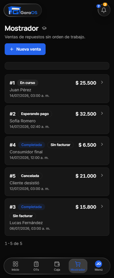 Ventas de mostrador de GaraOS en el celular, con el estado de cada venta