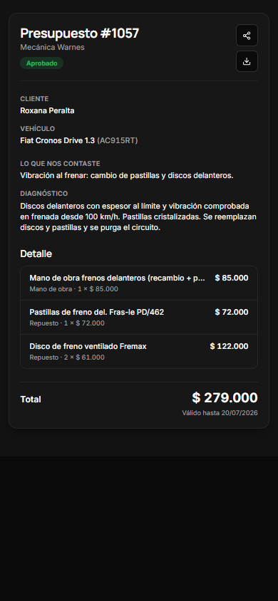 Presupuesto aprobado por el cliente desde su celular