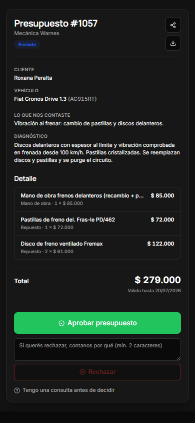 Presupuesto como lo ve el cliente en su celular: detalle, total y botones para aprobar o rechazar