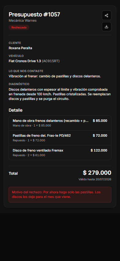 Presupuesto rechazado desde el celular, con el motivo que dejó el cliente