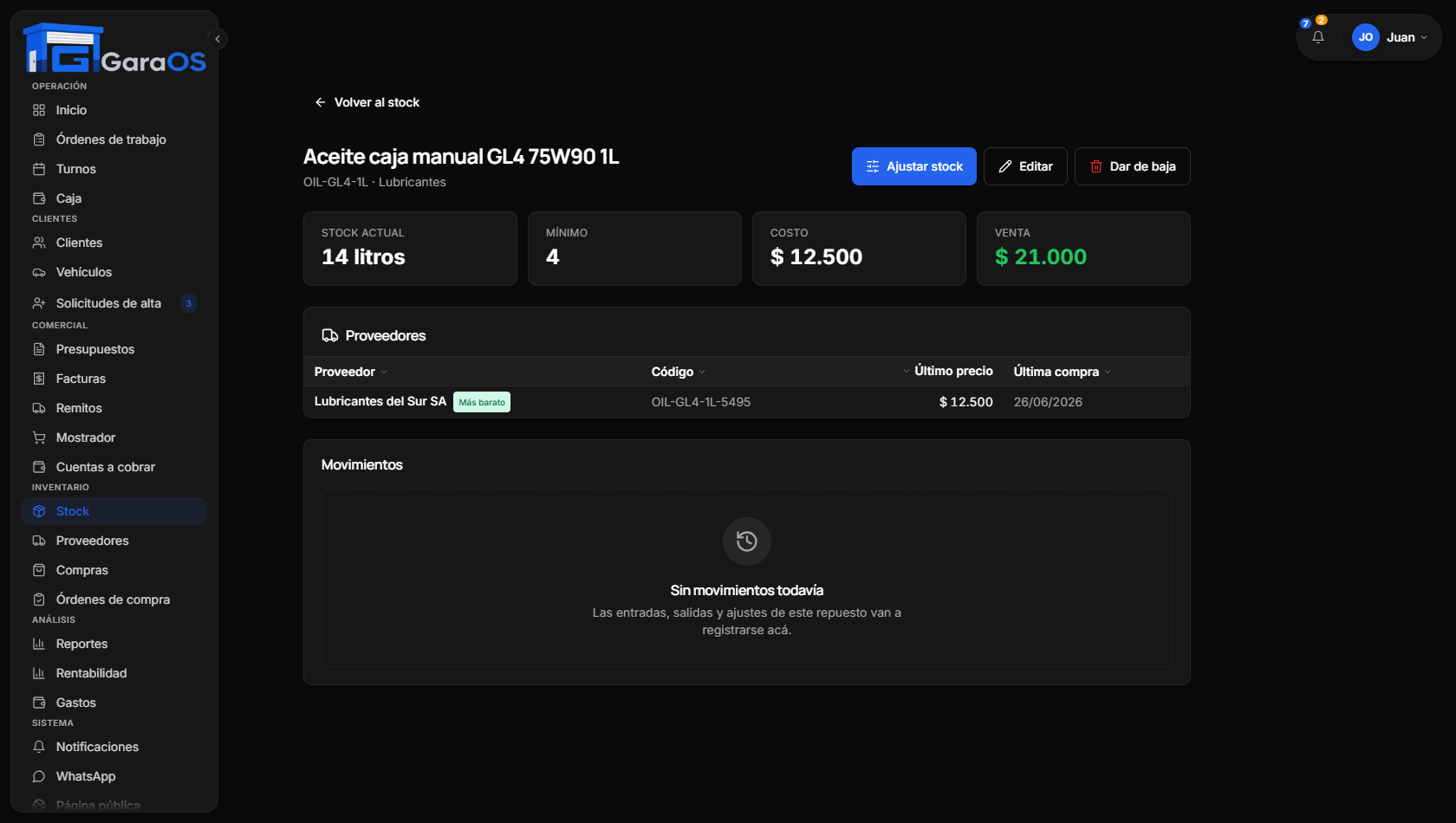 Ficha de un repuesto en GaraOS: stock actual, mínimo, costo, venta y proveedores