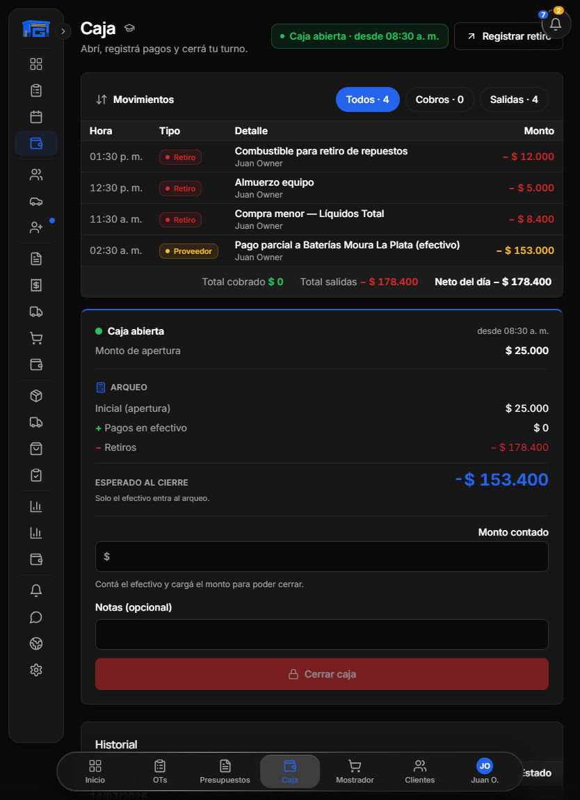Caja del día de GaraOS en una tablet: apertura, pagos y retiros