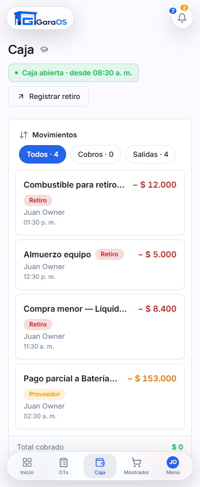 Caja del día de GaraOS en el celular: apertura, pagos y retiros
