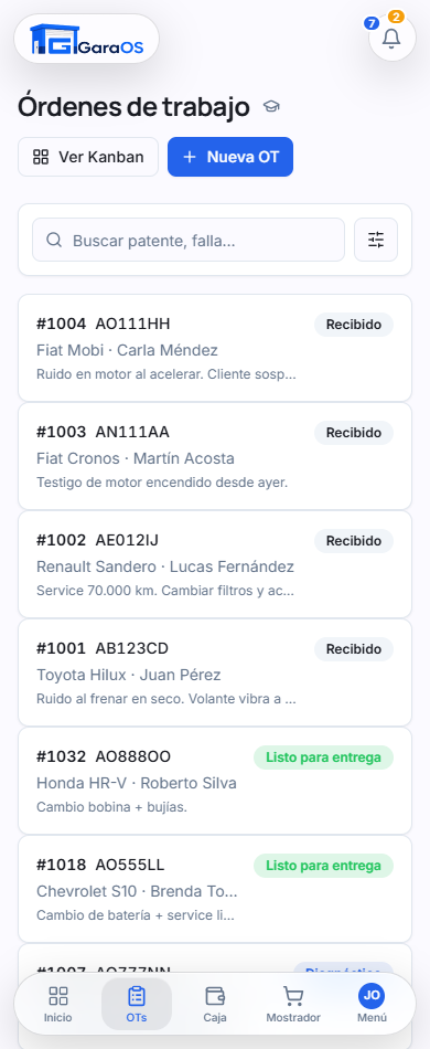 Tablero de órdenes de trabajo de GaraOS, con cada vehículo en su etapa