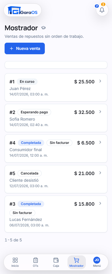 Ventas de mostrador de GaraOS en el celular, con el estado de cada venta
