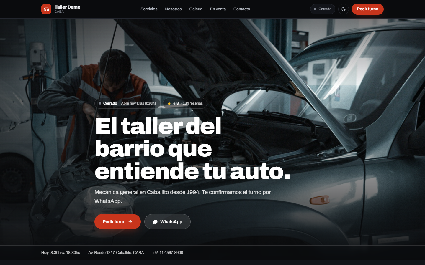Página pública real de un negocio hecha con GaraOS: presentación, horarios, turnos online y datos de contacto