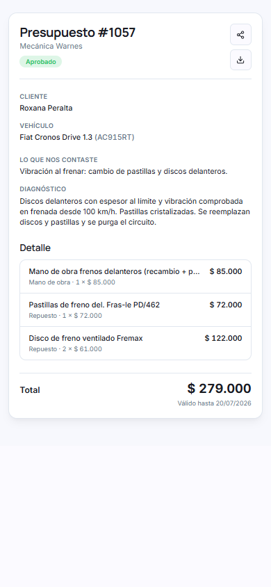Presupuesto aprobado por el cliente desde su celular