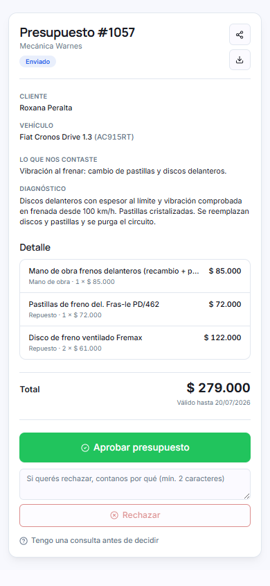Presupuesto como lo ve el cliente en su celular: detalle, total y botones para aprobar o rechazar