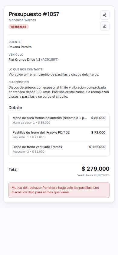 Presupuesto rechazado desde el celular, con el motivo que dejó el cliente